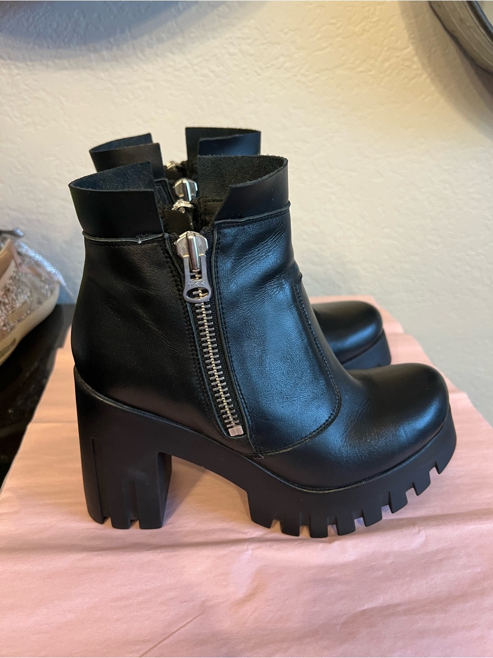 Shellys London Black Chunky Lug Zip Ankle Boots